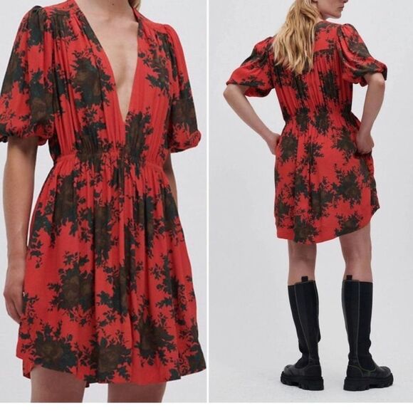 Ganni Red and Black Floral Dress - Picture 2 of 14